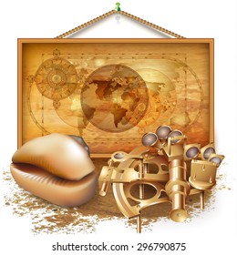 Vector background with a map, navigation tools and a conch