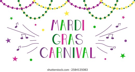 Vector background for Mardi Gras carnival. Party invitation card with beads and text. Colorful and rainbow party poster