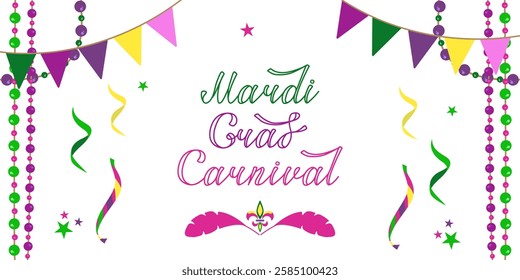 Vector background for Mardi Gras carnival. Party invitation card with beads, flags and confetti with text. Multicolored and rainbow holiday poster