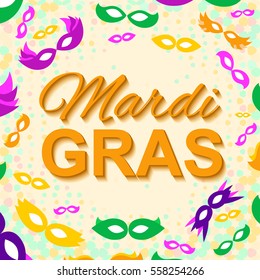 Vector Background with Mardi Gras Mask and Multicolored Confetti