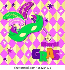 Vector Background with Mardi Gras Mask and Multicolored Confetti
