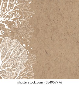 Vector Background With Marine Plants On Kraft Paper. Can Be Greeting Card, Invitation, Design Element.