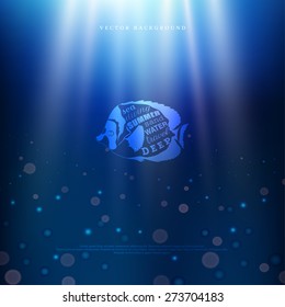 Vector background. Marine underwater style. Badge in the shape of fish.  