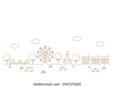 Vector background material for cityscape with Ferris wheel and passers-by and running cars 