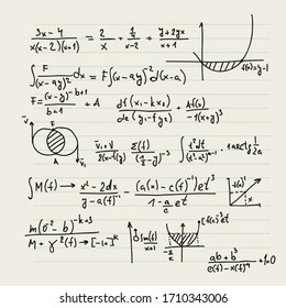 Vector background with mathematical formulas, calculations, graphs, proof and scientific research in the field of algebra and geometry