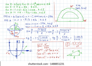 Vector background with mathematics formulas and equations on notebook page. Color school  notation. Educational and scientific vintage background.