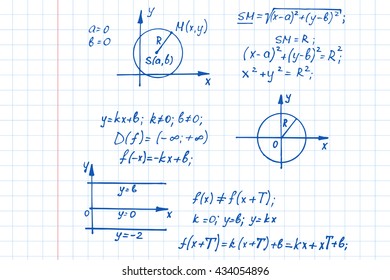 Vector background with mathematics formulas and equations on notebook page.