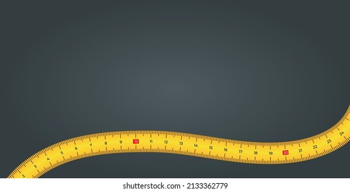 Vector background with measure tape in flat style. Yellow measuring tape template isolated on dark gray background. Vector illustration measuring tool.
