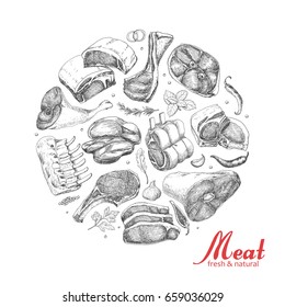 Vector background with meat products arranged in a circle. Vector illustration for your design