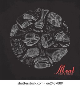 Vector background with meat products arranged in a circle. Vector illustration for your design