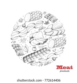 Vector background with meat products arranged in a circle. Vector illustration for your design