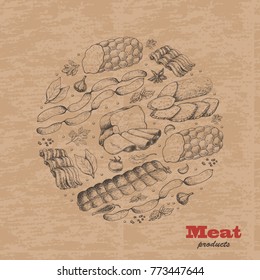 Vector background with meat products arranged in a circle. Vector illustration for your design