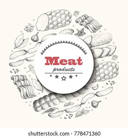 Vector background with meat products arranged in a circle. Vector illustration for your design