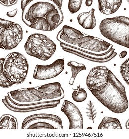 Vector background with meat, seafood and fish sketches. Hand drawn Pizza ingredients. Vintage  food illustrations. Dairy products seamless pattern.