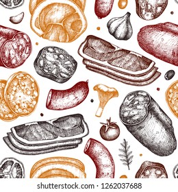 Vector background with meat, seafood and fish sketches. Hand drawn Pizza ingredients. Vintage  food illustrations. Dairy products seamless pattern.