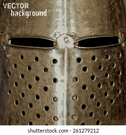 Vector background with medieval helmet. Metal texture.