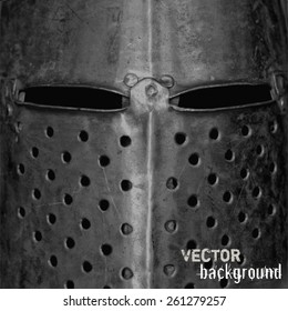 Vector background with medieval helmet. Metal texture.