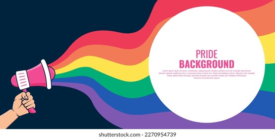 Fondo vectorial con altavoz megáfono y colores arcoiris. Plantilla de cartel vectorial para el mes del orgullo