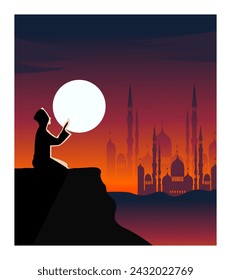 
vector background, men praying in the middle of the night full moon with a beautiful natural panorama, and the mosque building adds to the coolness of the heart.