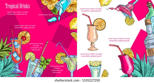 Vector background of a menu page with summer fruit, tropical flowers and leaves, alcoholic cocktails and bottles. 