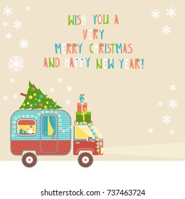 Vector background, merry christmas and happy new year text. House on wheels. Christmas car trailer with tree and gifts, holiday decorations, garland. Flat style.