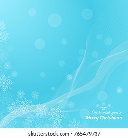 Vector background for Merry Christmas holiday with abstract light blue waves and snowflakes.