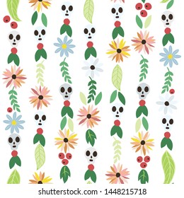 Vector background in merry Halloween style pattern with garlands, flowers and skulls. Illustration, seamless pattern. Suitable for wallpaper, party, packaging, printing on fabric