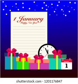 Vector background of midnight New Year party time with love message and beautiful surprise presents gift.