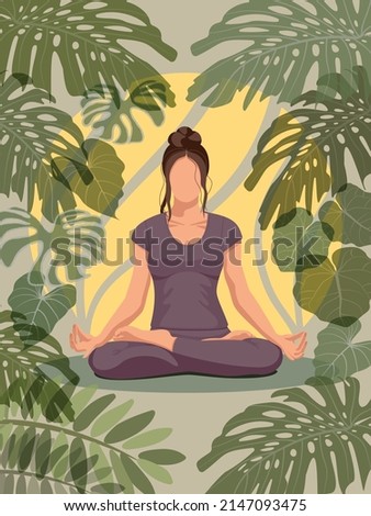 Vector background of mindfulness, meditation and yoga with a woman sitting cross-legged and meditating, surrounded by leaves of tropical plants.  Illustration with faceless woman in pastel colors.