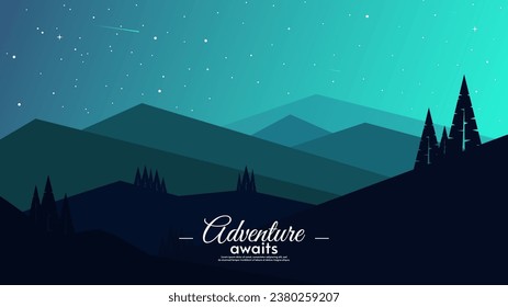 Vector background. Minimalist flat style. Mountains, night hills with trees. Starry sky with comets. Design for greeting card, postcard, invitation, background. 