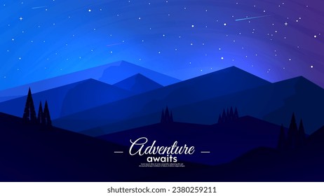 Vector background. Minimalist flat style. Mountains, night hills with a brightly shining lights. Starry sky with comets. 
