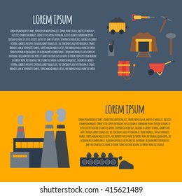 Vector background with mining icons. Cute cartoon mining objects. Industrial mining equipment, metallurgy factory. Coal mining icons. Mineral, tools, tunnel, factory. Mining tools and equipment