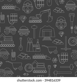Vector background with mining objects. Cute line mining seamless background. Industrial mining equipment, metallurgy factory. Coal mining icons. Mineral, diamond, gold factory. Mining tools, machinery