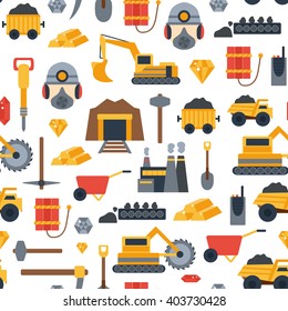 Vector background with mining objects. Cute flat mining seamless background. Industrial equipment, metallurgy factory. Coal mining icon. Mineral, diamond, gold factory. Mining tools illustration