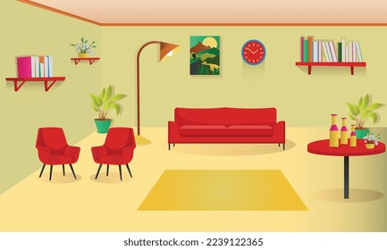 vector  background with modern living room interior with sofa, shelves and  table.