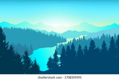 Vector background. Morning in beautiful mountains with river. Abstract illustration mountains and dense forest down to the valley in the foreground. Mountain landscape. 