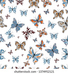 Vector Background with Moth. Simple Feminine Pattern for Card, Invitation, Print. Trendy Decoration with Beautiful Butterfly Silhouettes. Summer Background with butterflies blue, black, white colors.