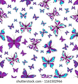Vector Background with Moth. Summer Background with butterflies white, purple, blue colors. Trendy Decoration with Beautiful Butterfly Silhouettes. Simple Feminine Pattern for Card, Invitation, Print.