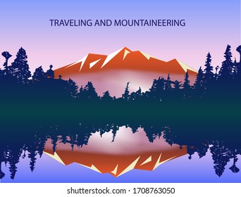 Vector background of mountain landscape. Beautiful forest in the fog. The sun rises on the mountain
