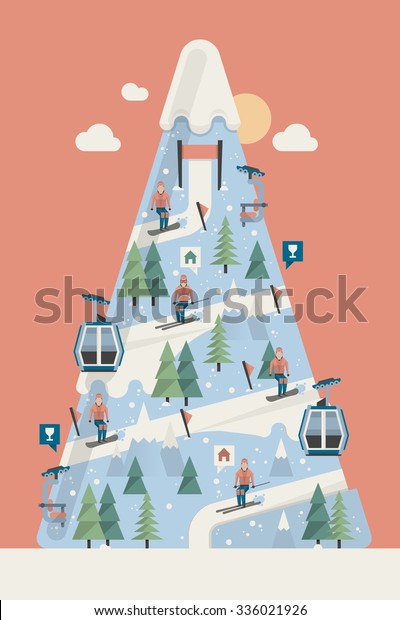 vector\
background with mountain and slopes with\
skiers