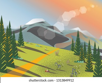 Vector- Background mountain trail,Sunset/sunrise, a famous mountain in America, tree, forest,wild flower Mt. Rainier National Park, USA.Vector Summer or Spring landscape,The famous landscape of USA.