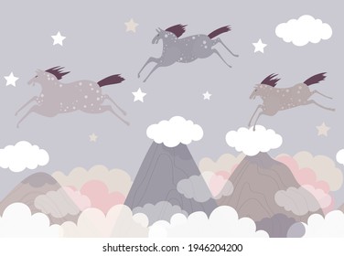 Vector background with mountains, clouds and flying horses in hand drawn style. Night dreams. Illustration for children. 