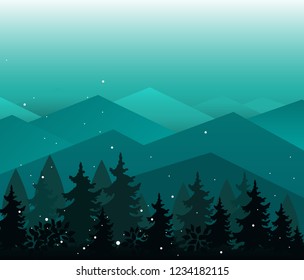 Vector Background with Mountains and fir trees silhouettes. Evening or fairy night landscape