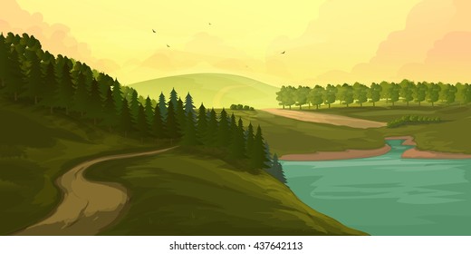 Vector Background with Mountains and Forest nature illustration