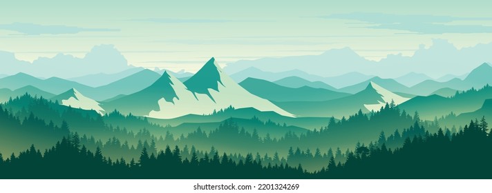 Vector background of mountains and forests. Nature background landscape.