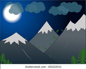 Vector background. Mountains in the background of the sky and moon. Flat design vector illustration.
