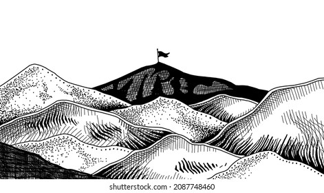 Vector background of mountains, with a symbol of success, achievements. Waving flag at the top of the mountain. Black and white illustration.