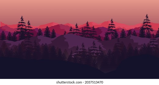 Vector Background with Mountains. trees with sunrise or sunset sky .Design element for poster,  banner, flyer,background. Vector illustration