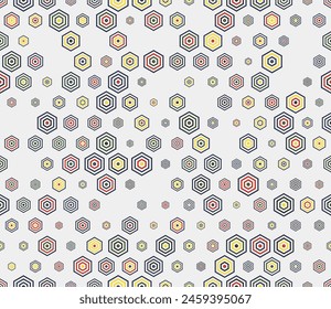 Vector background. Multicolored geometric elements of varied size. Simple stacked hexagons pattern. Hexagon cells. Tileable pattern. Seamless vector illustration.