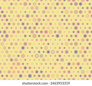 Vector background. Multicolored geometric elements of varied size. Hexagon bold mosaic cell with padding and inner solid cells. Hexagon geometric shapes. Tileable pattern.